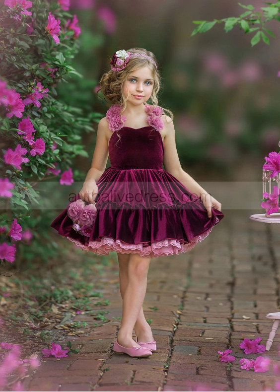 Burgundy Velvet Flower Girl Dress Girl Twirl Dress